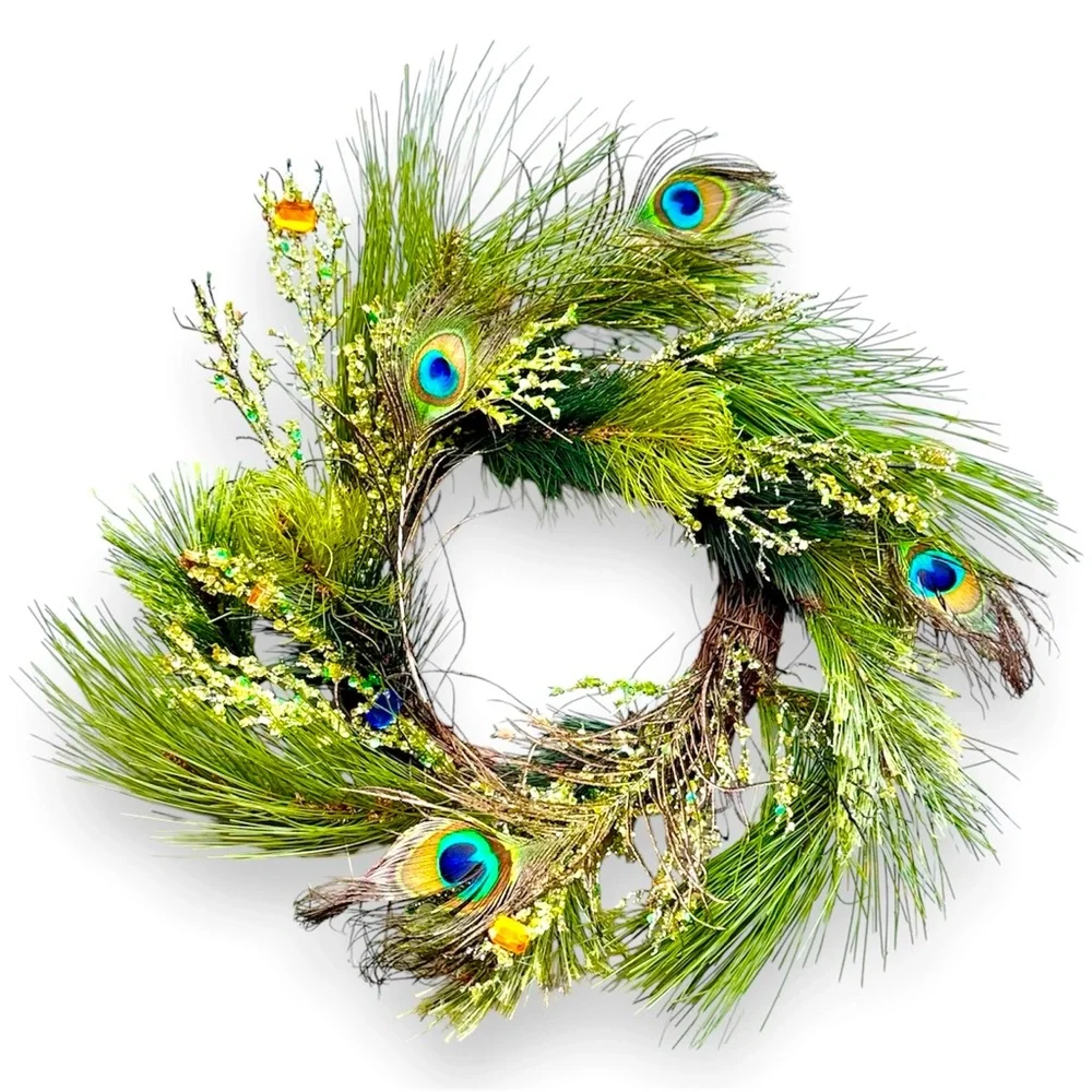 17” PEACOCK FEATHER Maximalist Wreath w Gems & Crystals on Grapevine Ring Base